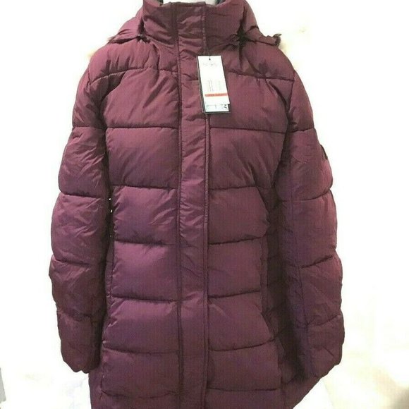 burgundy long puffer coat